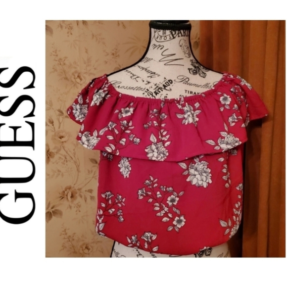 GUESS Red Floral Off Shoulder Crop Sz Med. - Picture 2 of 5